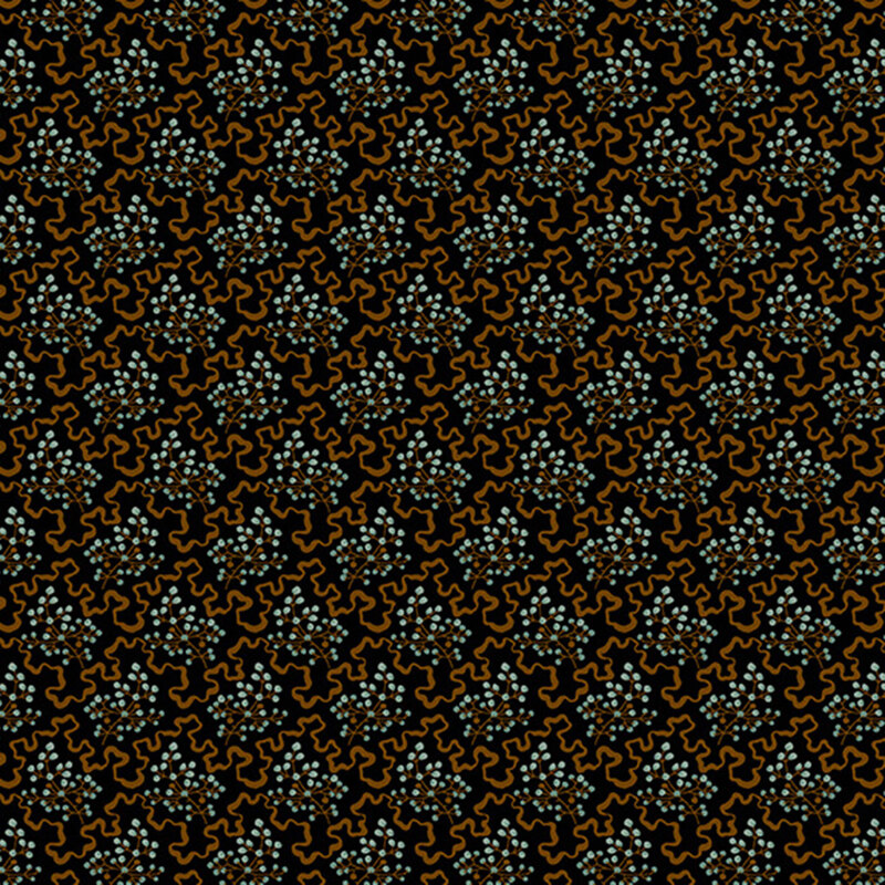Black fabric covered in light blue sprigs of elderberries separated by wavy brown lines.