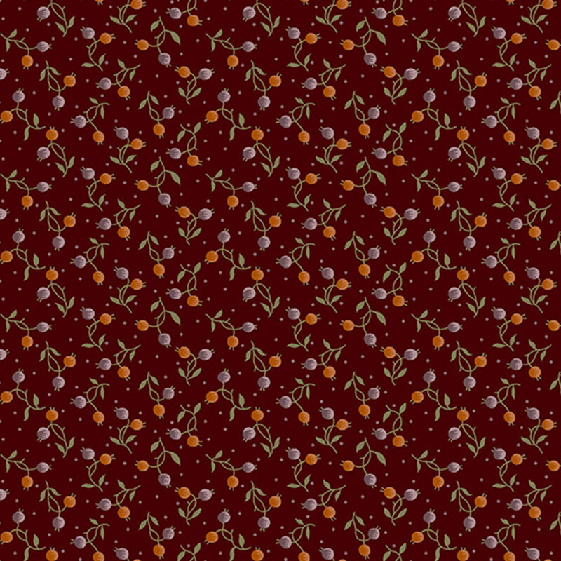 Wine red fabric strewn with scattered orange and dusty purple berries.