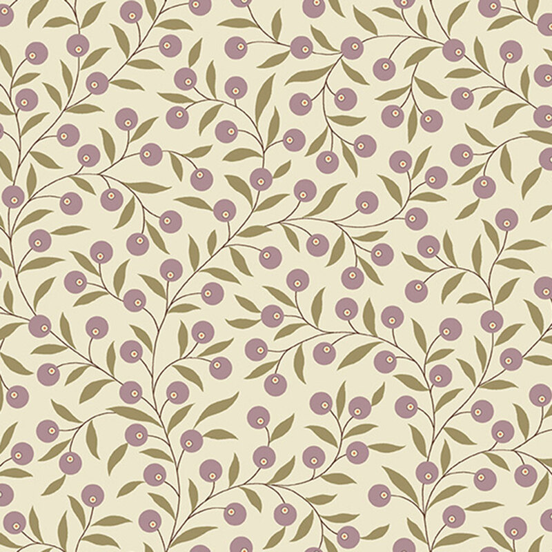 Cream fabric strewn with vines and light purple berries.