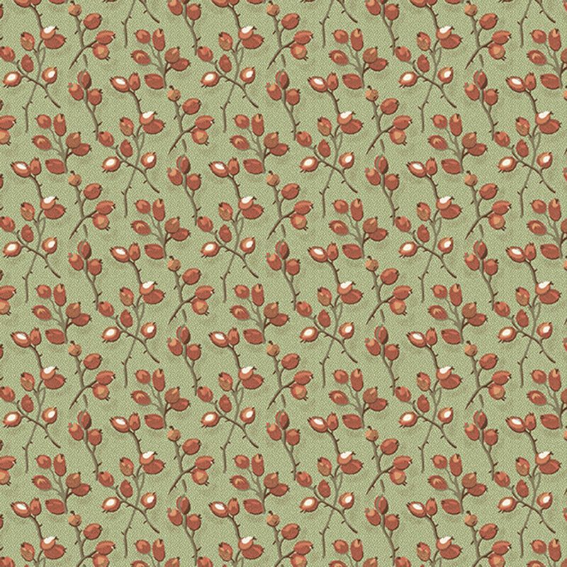 Sage green textured fabric strewn with sprigs of red barberries.