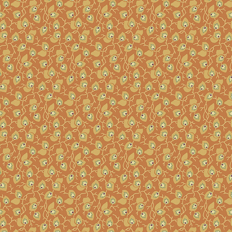 Burnt sienna fabric with light ocher olive vines strewn across the entire fabric.