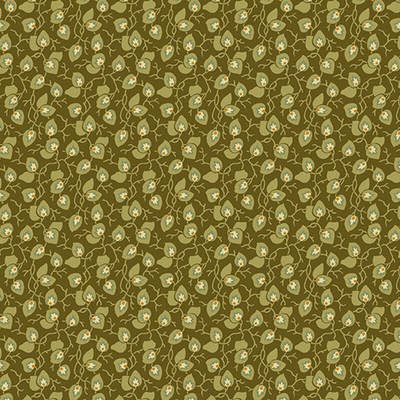 Olive green fabric with dark sage olive vines strewn across the entire fabric.