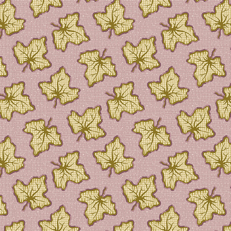 Textured primitive mauve fabric with tossed pattern of olive green leaves.