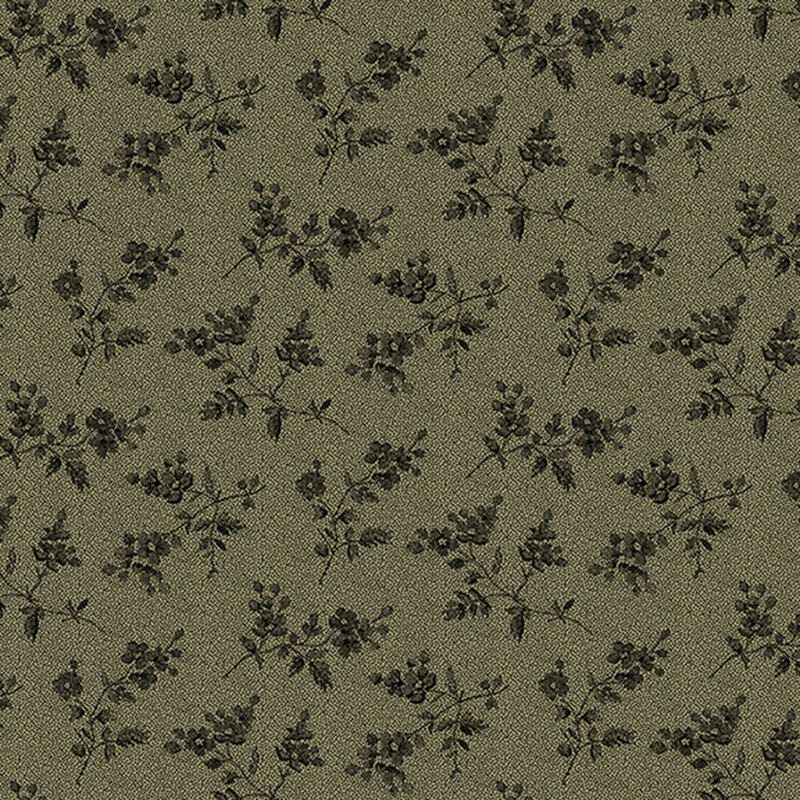Dark sage green textured fabric with gray-green florals tossed over the top.