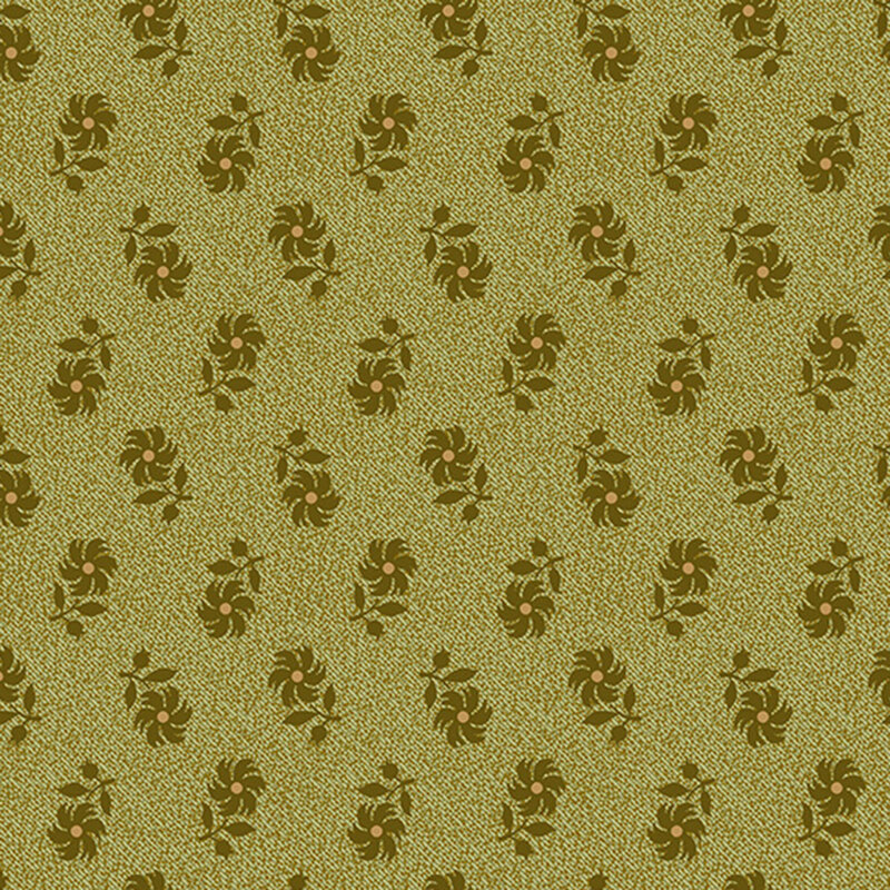 Olive green textured fabric with a staggered grid of tossed army green florals.