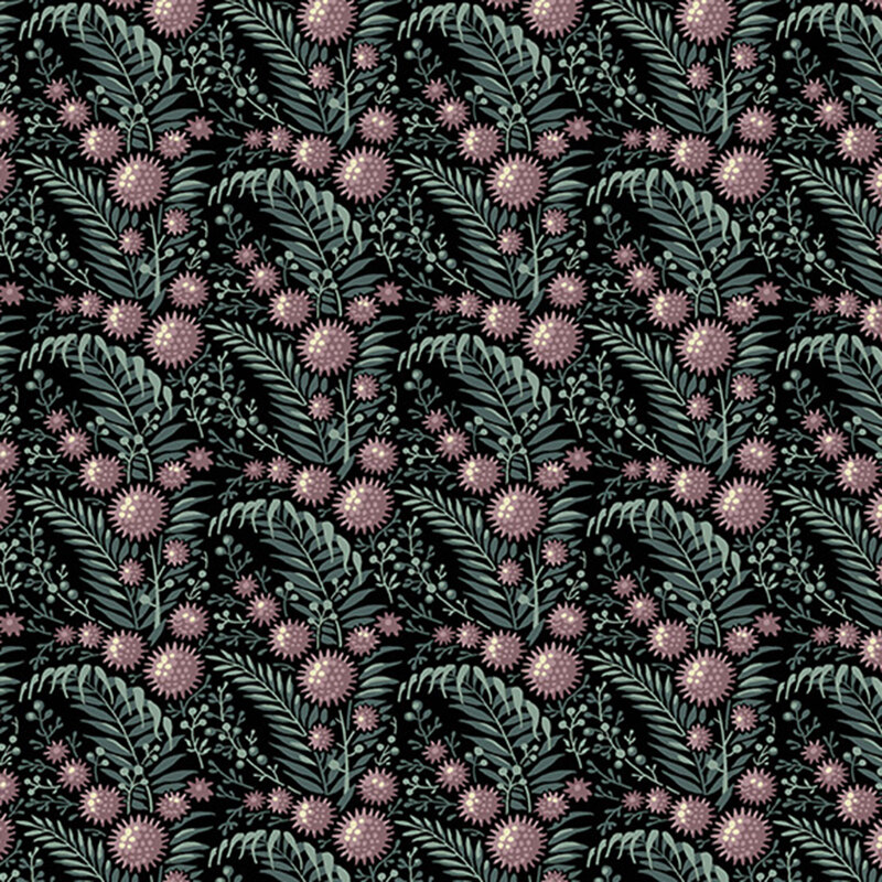 Black fabric packed with a pattern of xanadu green leaves and mauve florals.