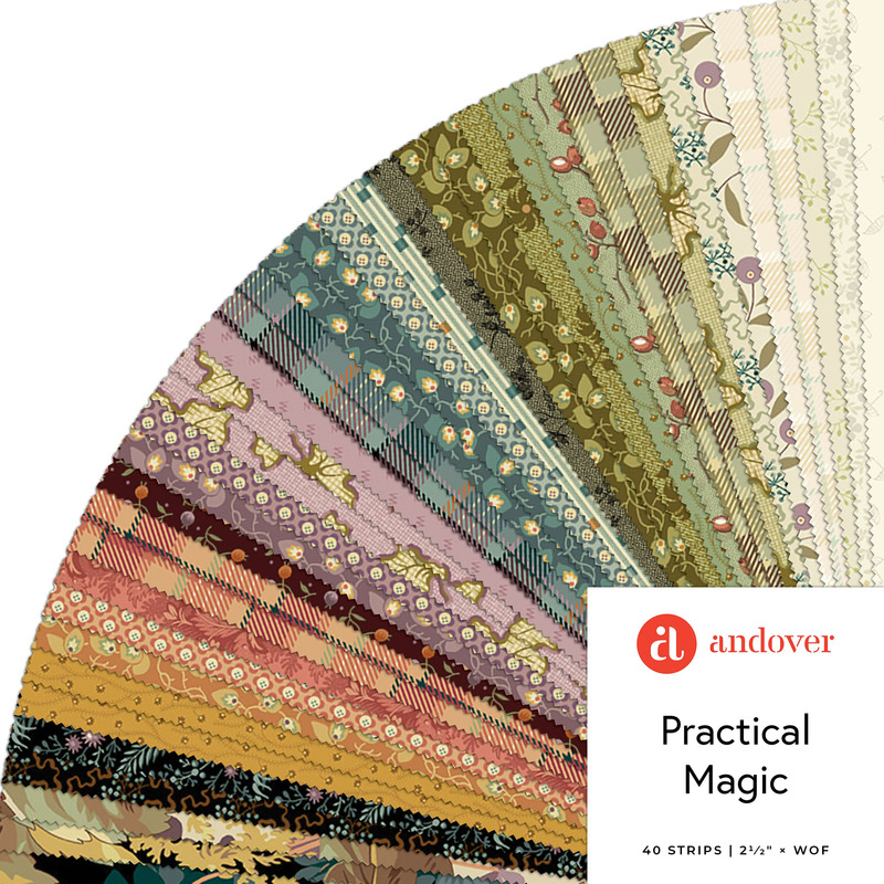 Collage of the 2.5" Strip Roll Bundle from the Practical Magic fabric collection.