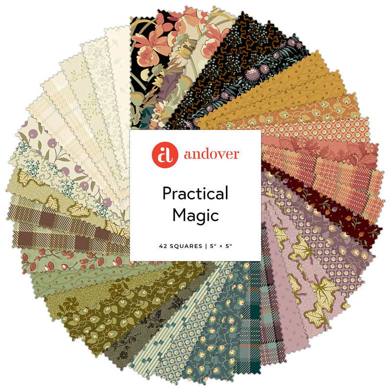 Collage of the 5" Square Bundle from the Practical Magic fabric collection.