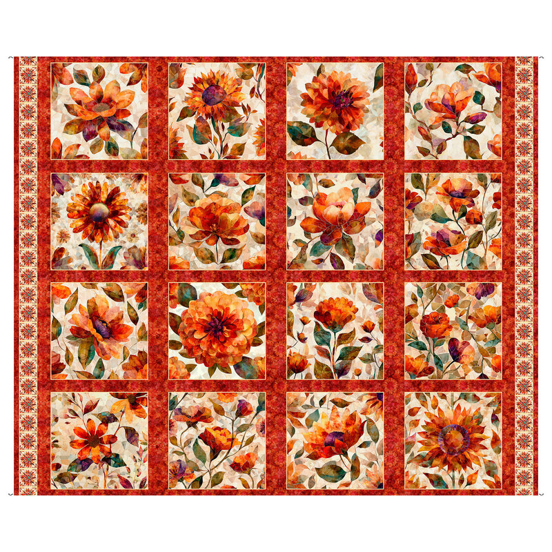 Mosaic panel featuring 16 patches of crimson and orange mosaic flowers.