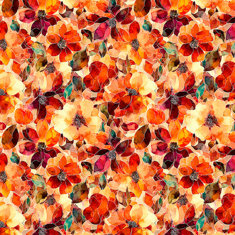Orange-tone mosaic fabric layered with overlapping fiery orange florals.