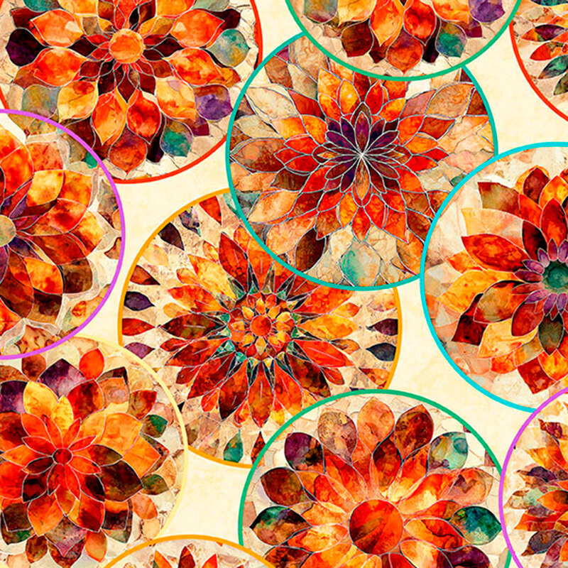 Cream fabric layered with overlapping circles of radial mosaic lava orange florals.