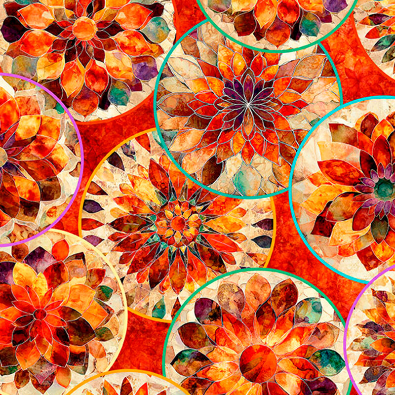 Ruby red fabric layered with overlapping circles of radial mosaic lava orange florals.