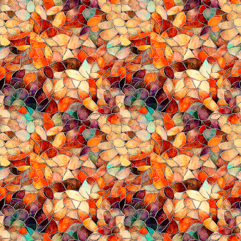 Orange-tone and multicolor mosaic fabric packed with soft petal motifs.