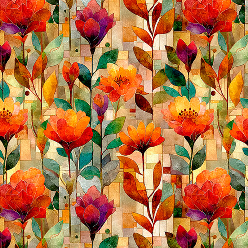 Orange-tone mosaic fabric layered with overlapping fiery red poppies.