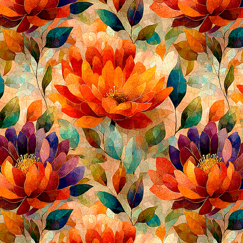Orange-tone mosaic fabric layered with overlapping fiery red magnolias.