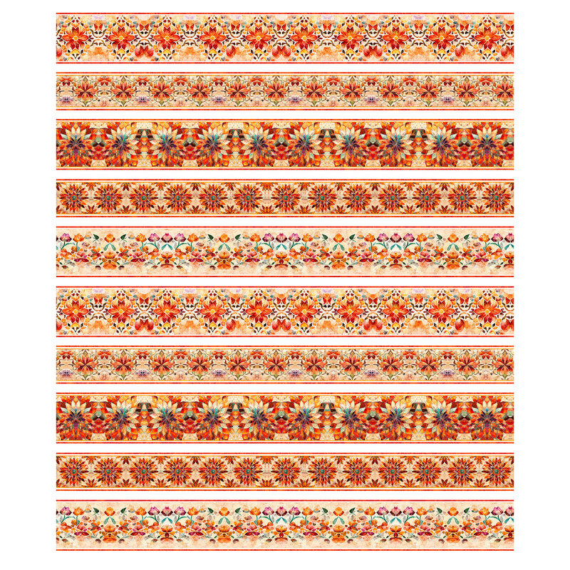 Mosaic orange-toned border stripe with floral patterns separated by white stripes.