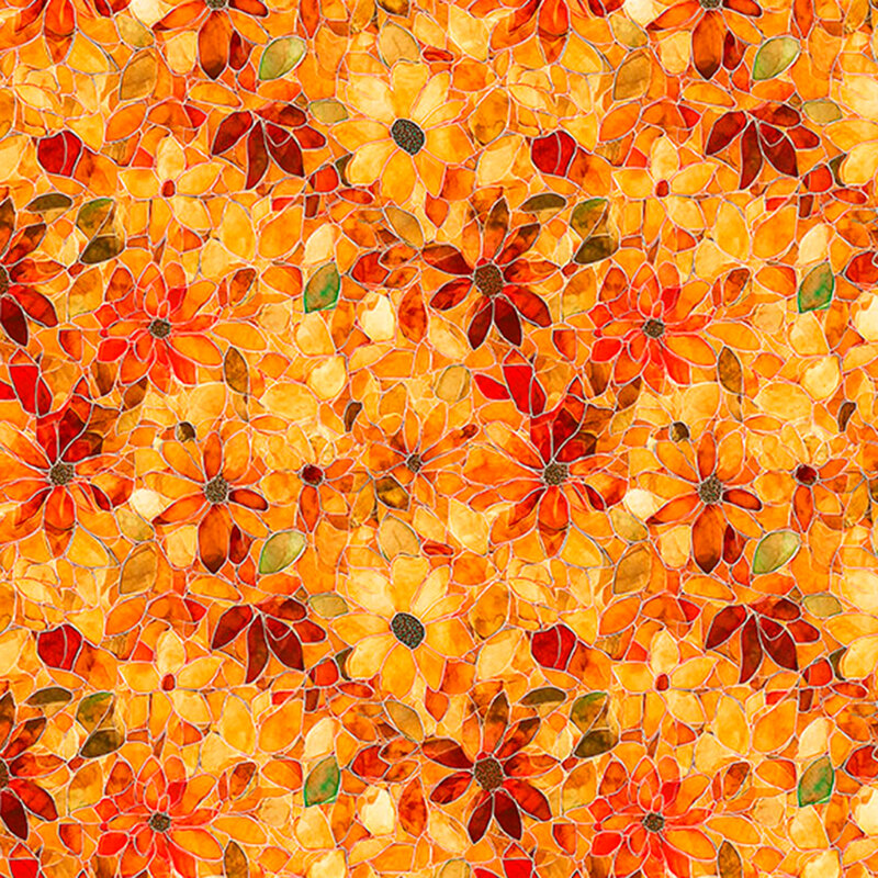 Bright orange mosaic fabric with packed top-down floral design.
