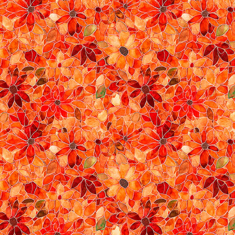 Lava red and orange mosaic fabric with packed top-down floral design.