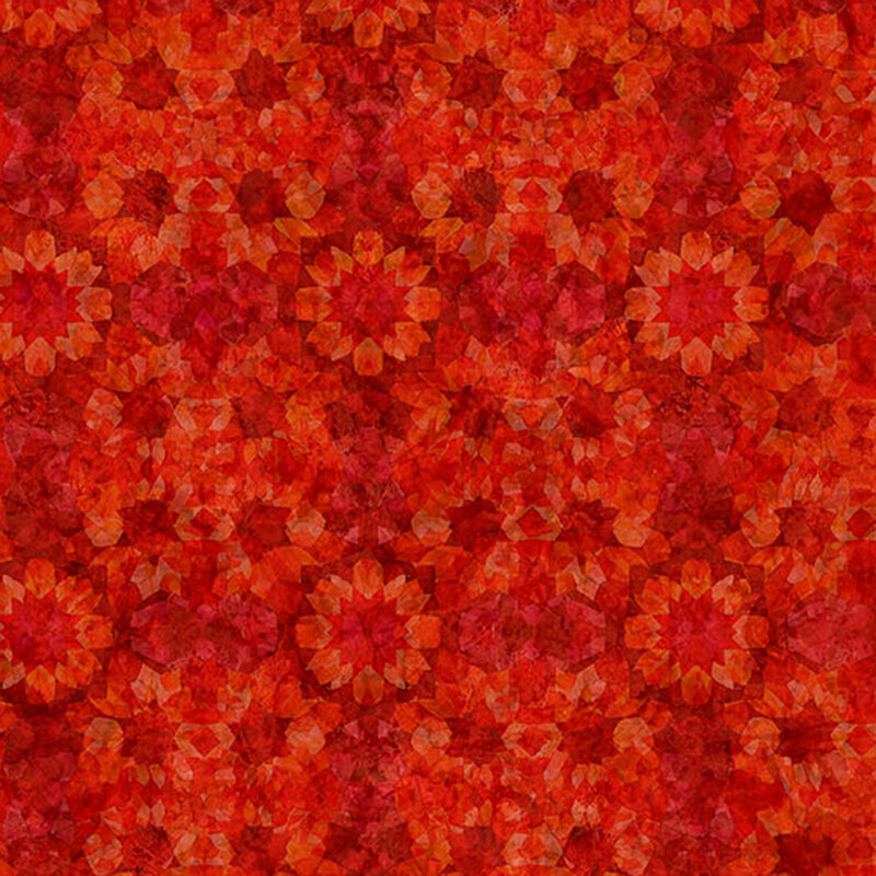 Tonal ruby red fabric with mirrored mosaic design forming a gem-tone grid.