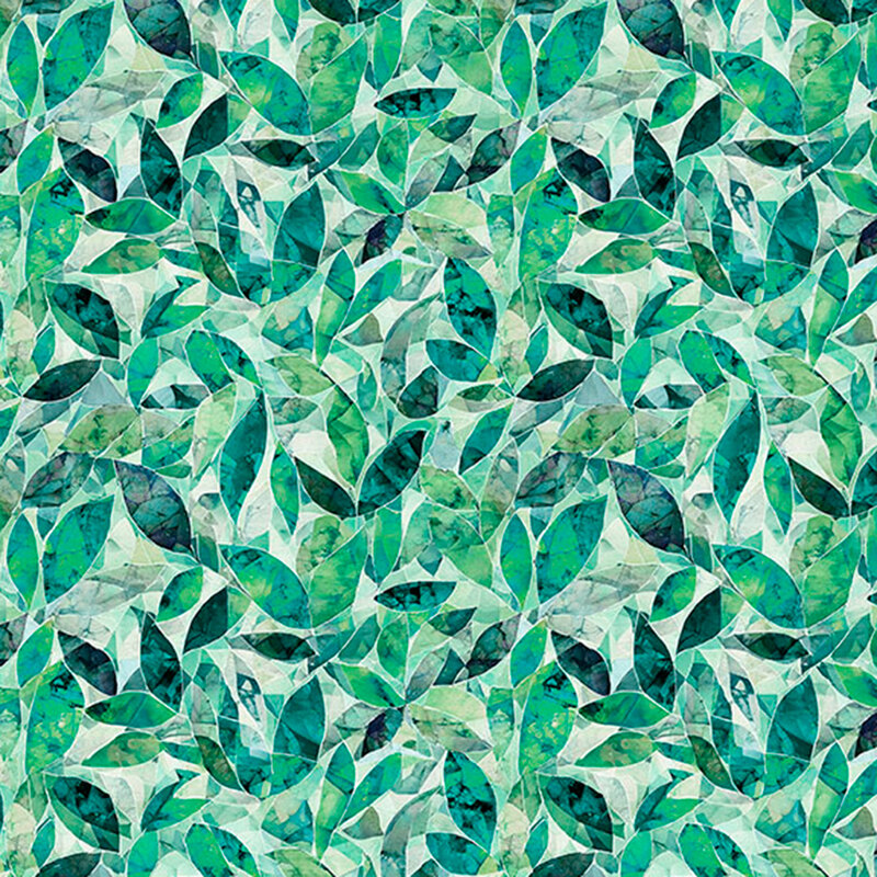 Aqua and teal mosaic fabric layered with tonal leaf motifs.