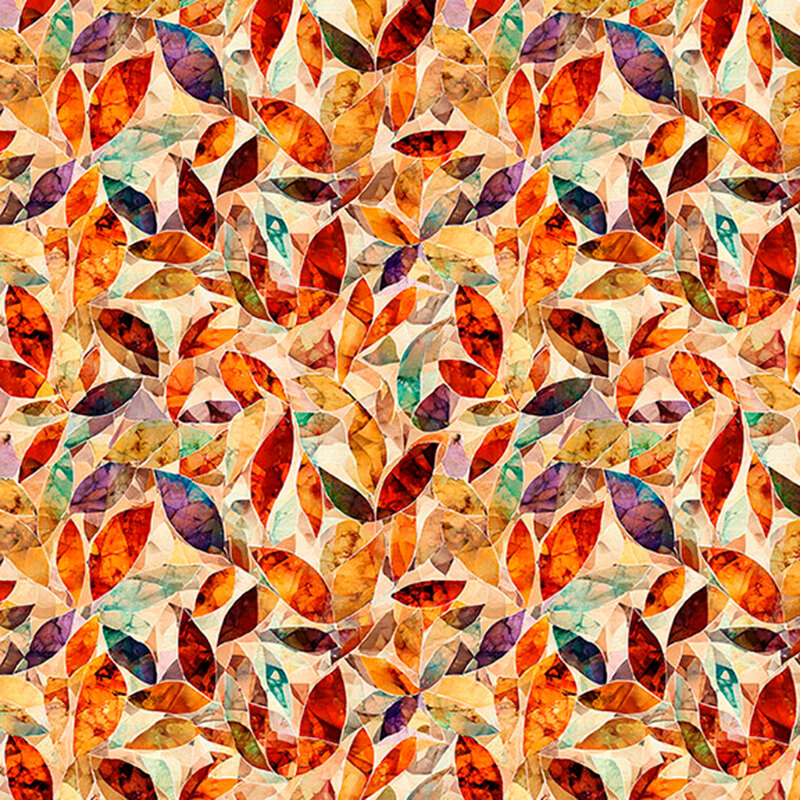 Orange-tone mosaic fabric layered with fiery red and multicolored leaf motifs.