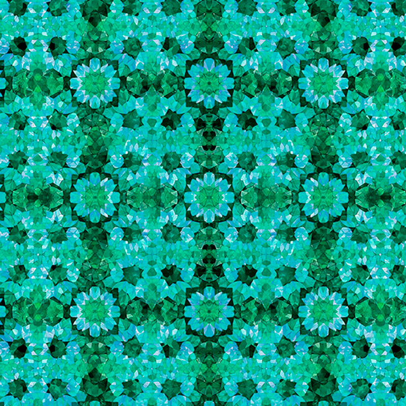 Teal and aqua fabric with mirrored mosaic design forming a gem-tone grid.