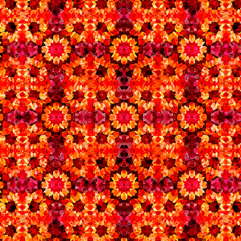 Lava red and orange fabric with mirrored mosaic design forming a gem-tone grid.