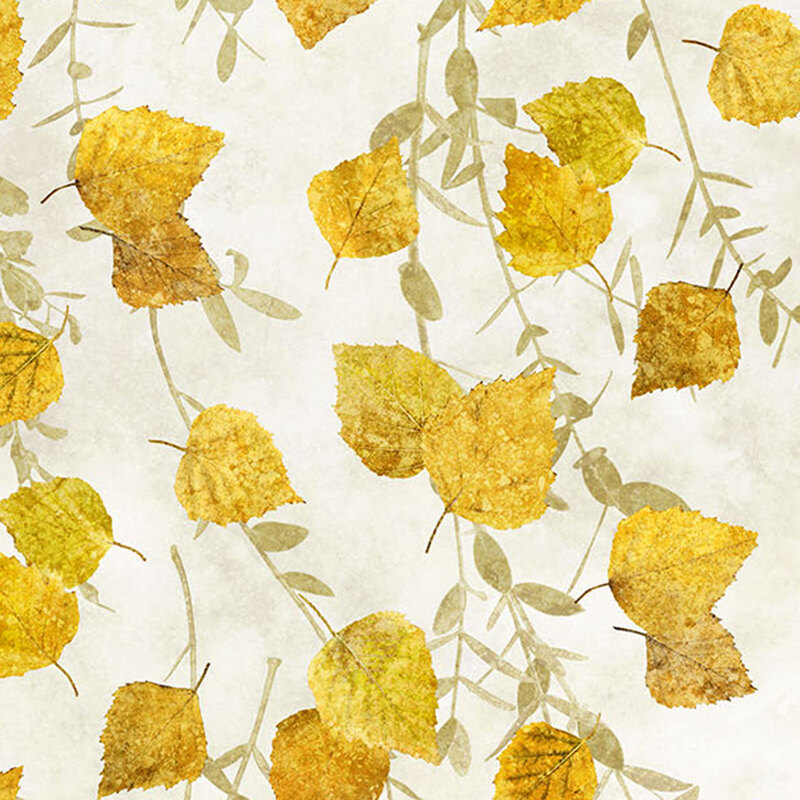 A white greige fabric with autumnal leaves and branches