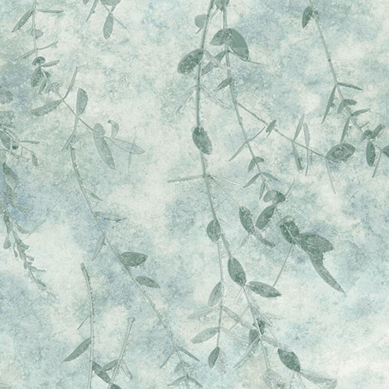 A gray blue fabric featuring leaves and branches.
