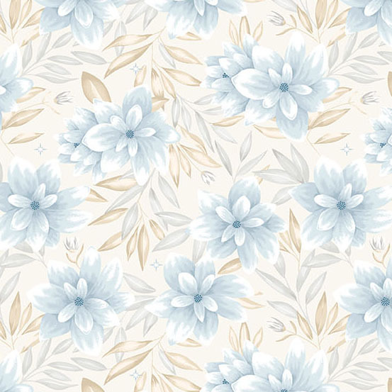 blue flowers with cream and gray leaves on a soft beige background.