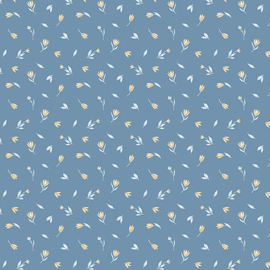tossed cream tulip blossoms with white leaves on a light gray background.