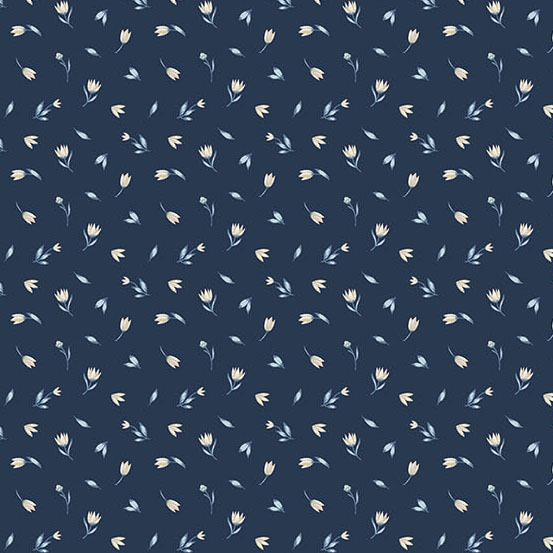 tossed cream tulip blossoms with ice blue leaves on a dark navy background.