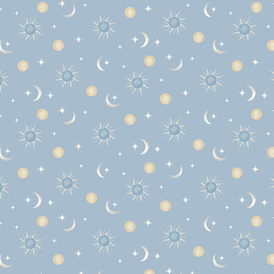 suns, moons, and stars on a denim blue background.