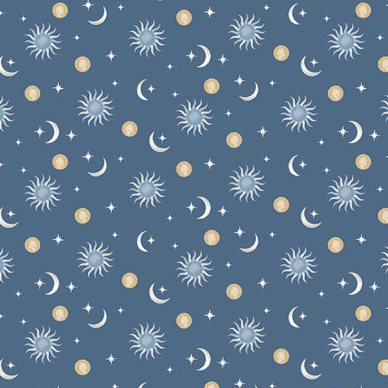 suns, moons, and stars on a slate blue background.