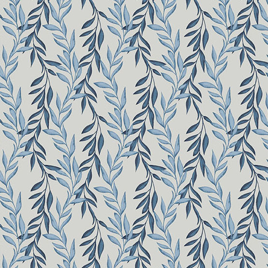 cloud gray fabric featuring a vintage and denim blue trailing vines pattern.
