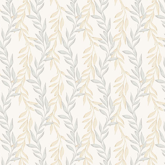 pale beige fabric featuring a light gray and cream trailing vines pattern.