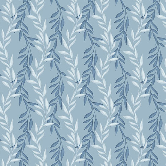 vintage blue fabric featuring an ice blue and denim blue trailing vines pattern.