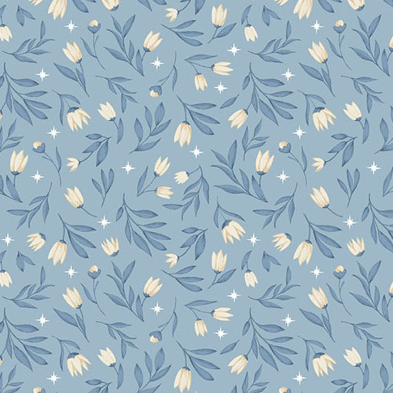 tossed tulip sprigs and stars on a dusty blue background.