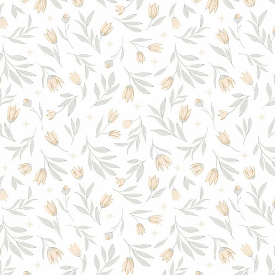 tossed tulip sprigs and stars on a soft white background.