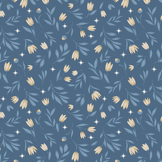 tossed tulip sprigs and stars on a cadet blue background.