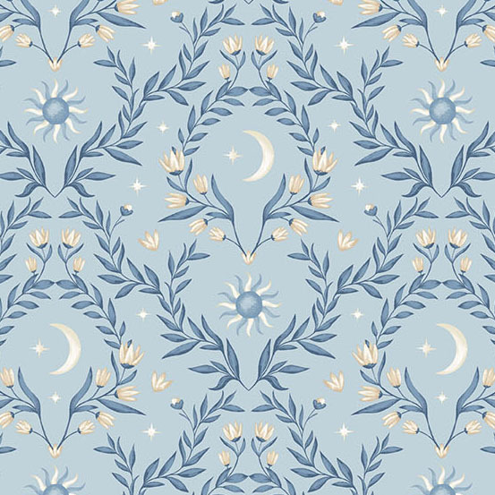 symmetrical pattern of crescent moons, stars, suns, and floral vines on a vintage blue background.
