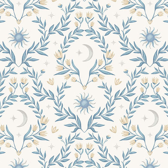 symmetrical pattern of crescent moons, stars, suns, and floral vines on a soft white background.