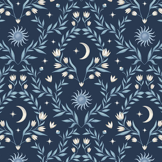 symmetrical pattern of crescent moons, stars, suns, and floral vines on a dark indigo background.
