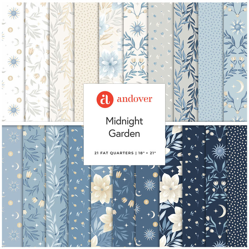 A square collage of blue, gray, and cream fabrics from the Midnight Garden collection featuring night sky, vines, and floral prints.