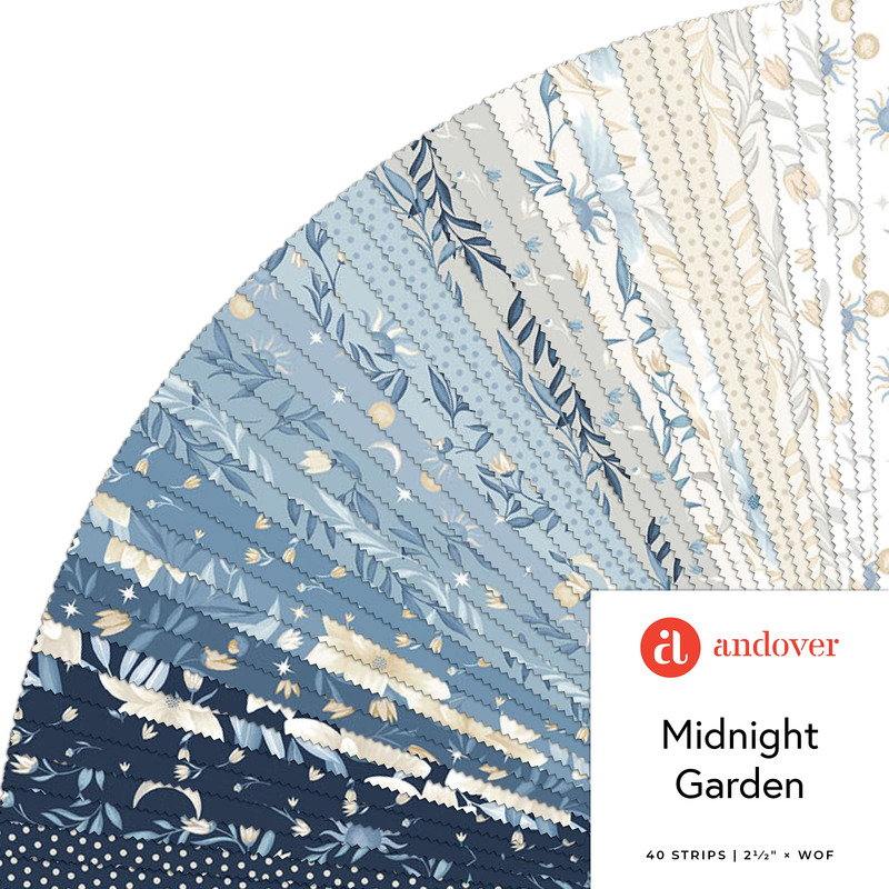 A fanned collage of blue, gray, and cream fabrics from the Midnight Garden collection featuring night sky, vines, and floral prints.