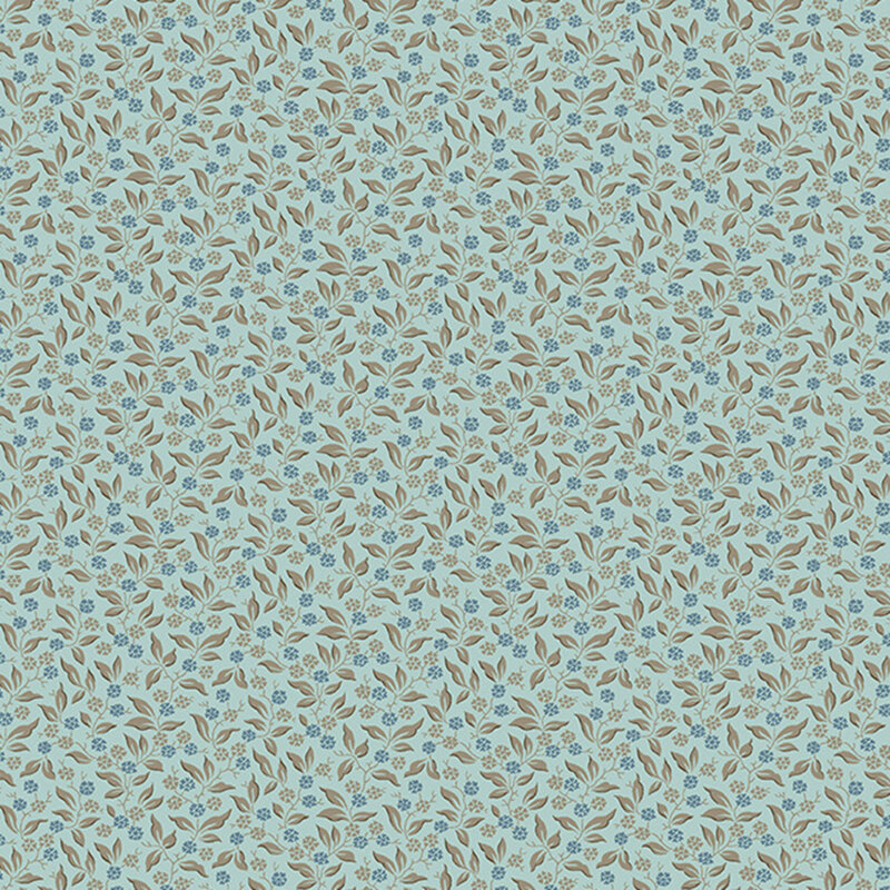 soft aqua fabric with a dense vintage-style pattern of winding vines adorned with delicate leaves and blooming florals.
