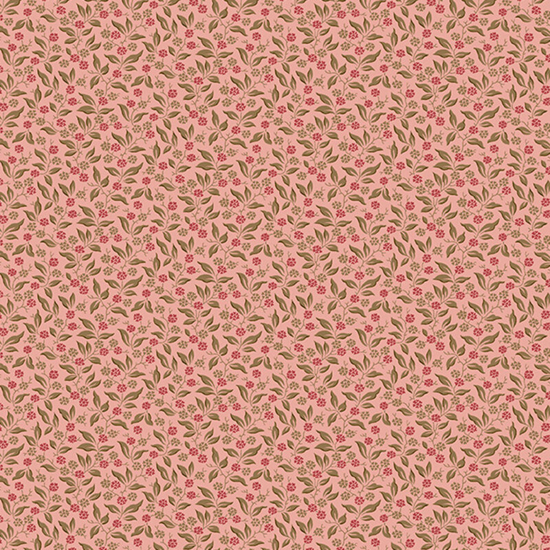 Dusty rose fabric with a dense vintage-style pattern of winding vines adorned with delicate leaves and blooming florals.