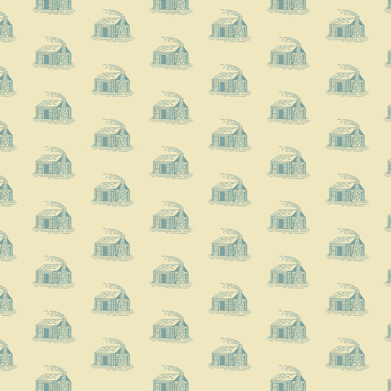 Pastel yellow fabric with a repeating vintage pattern of tossed rustic log cabins.