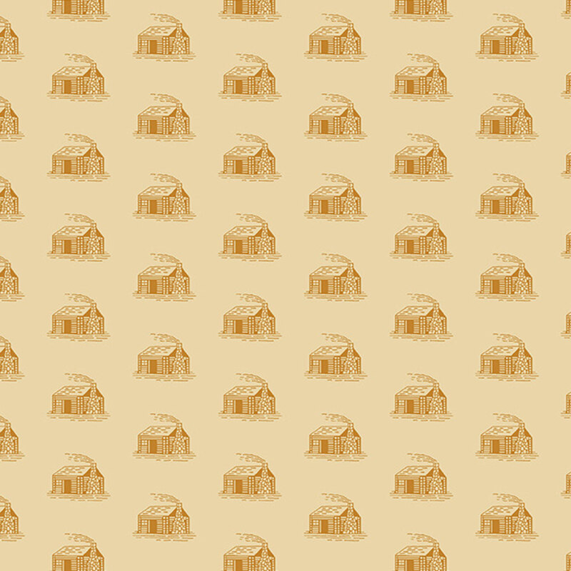 Buff fabric with a repeating vintage pattern of tossed rustic log cabins.