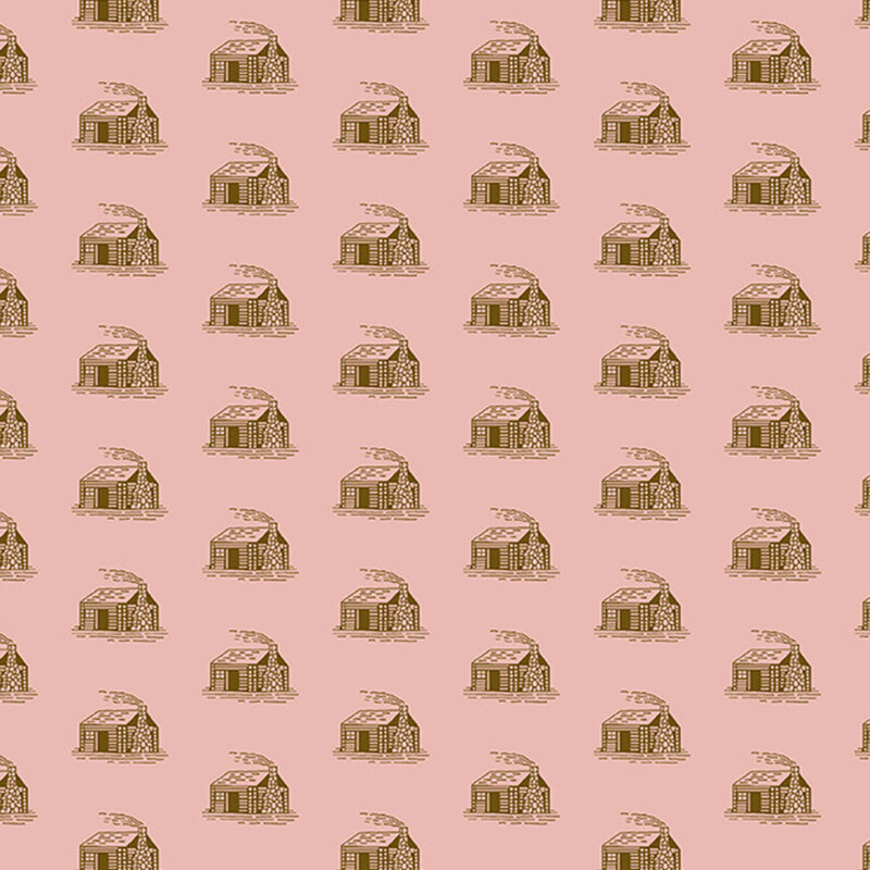 Pink fabric with a repeating vintage pattern of tossed rustic log cabins.